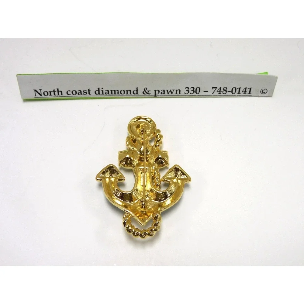 Vintage Gold Tone Nautical Anchor Brooch Navy Enamel Red Clear Rhinestones DW13